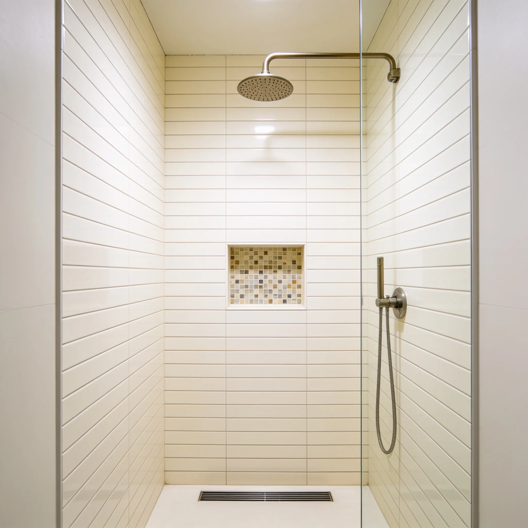 After: A curbless walk-in shower with stacked warm-white tile, a mosaic-lined niche, and a rainfall head in brushed nickel — every grout line crisp, every seam flawless.