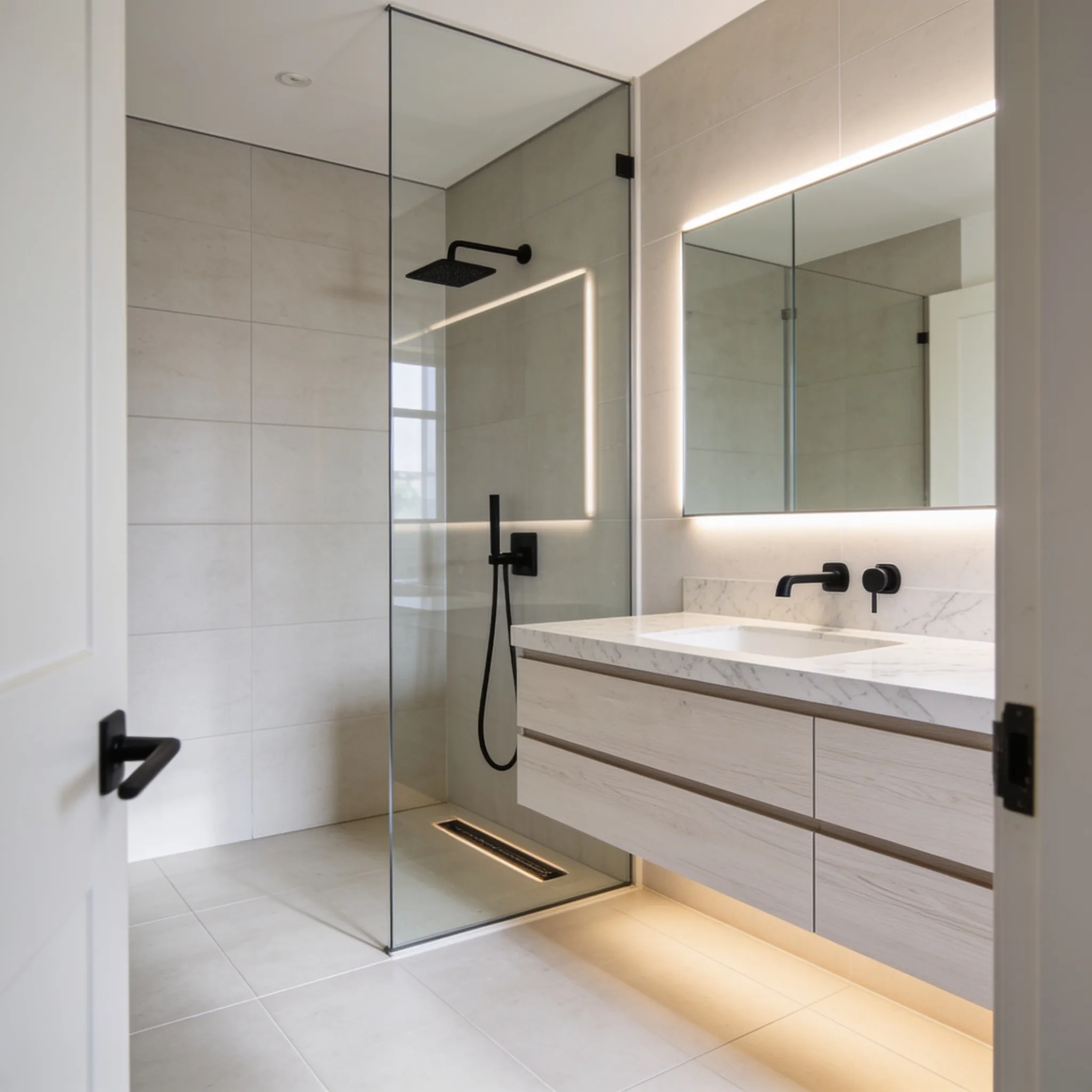 After: A spa-level bathroom remodel before and after story — frameless glass walk-in shower, floating white oak vanity, backlit mirror, and heated tile floors. Guaranteed in writing.