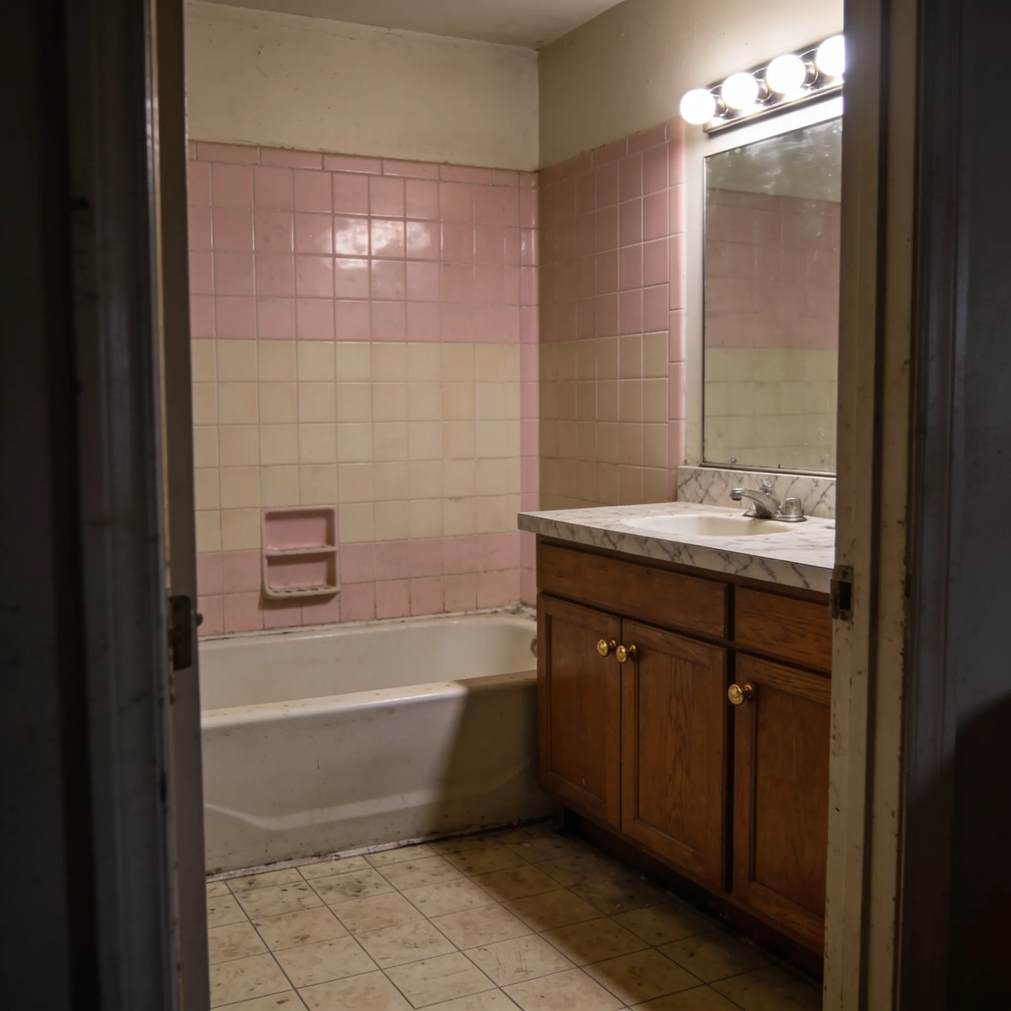 Before: A 1980s hall bath in Raytown — pink-beige surround tile, cultured marble vanity, and Hollywood strip lighting stuck in another decade.