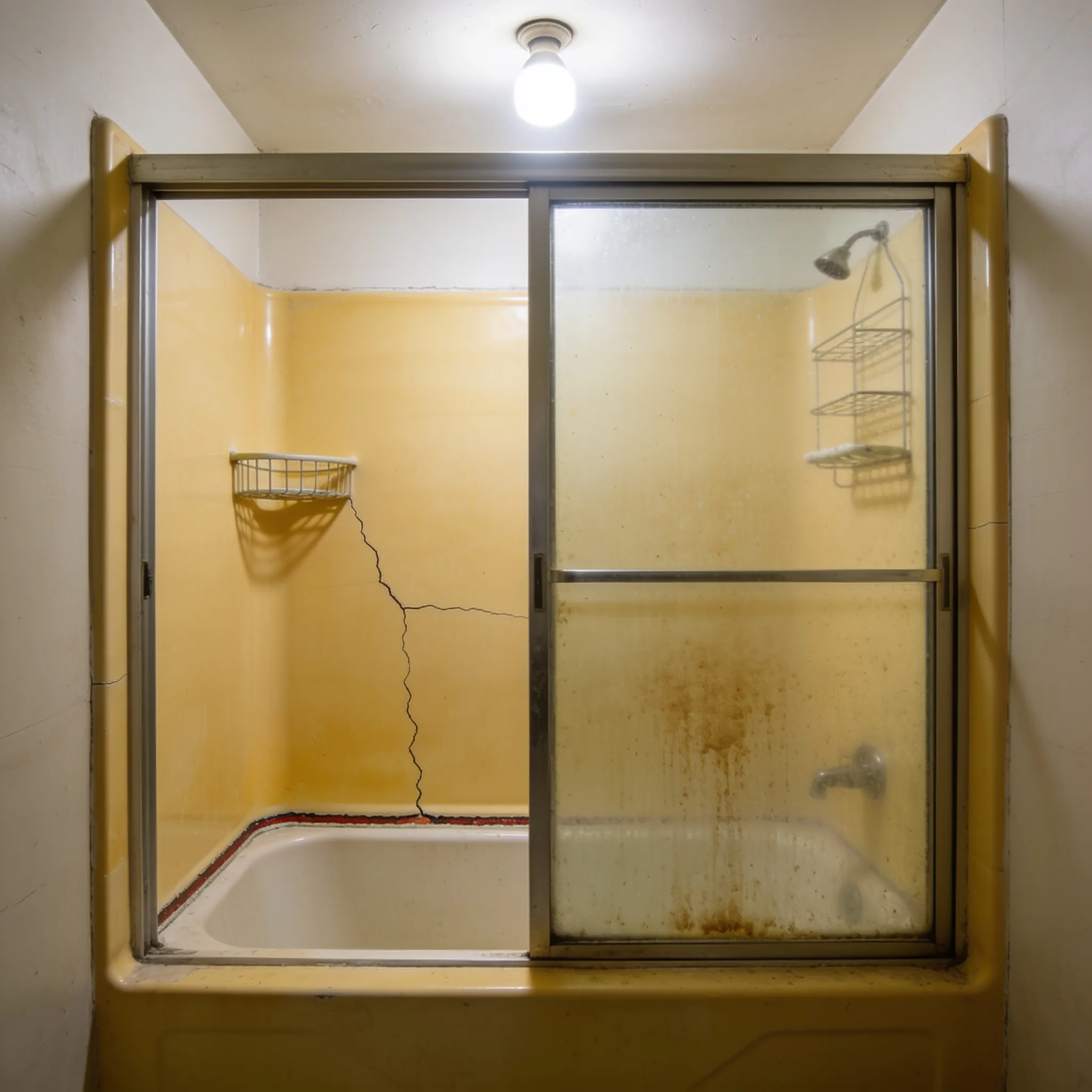 Before: A yellowed fiberglass tub-shower combo in Unity Village — stained sliding doors, cracked caulk, and one harsh bulb overhead.