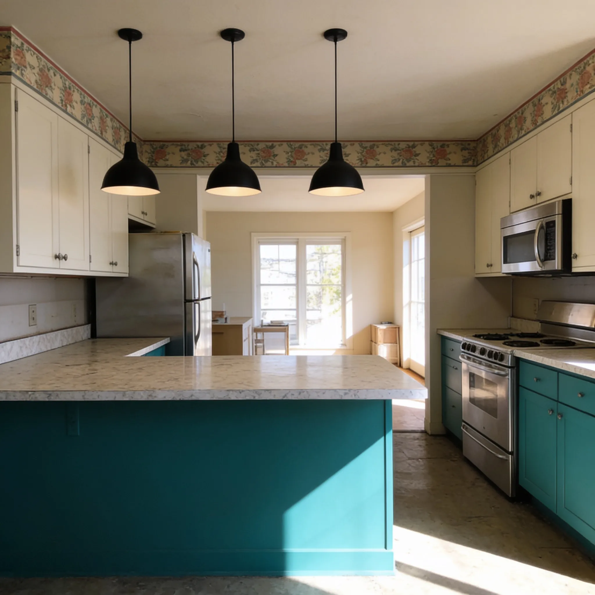 After: Wall removed, light let in — an open-concept remodel with a teal-base quartz island and a trio of black pendants where the wall once stood.