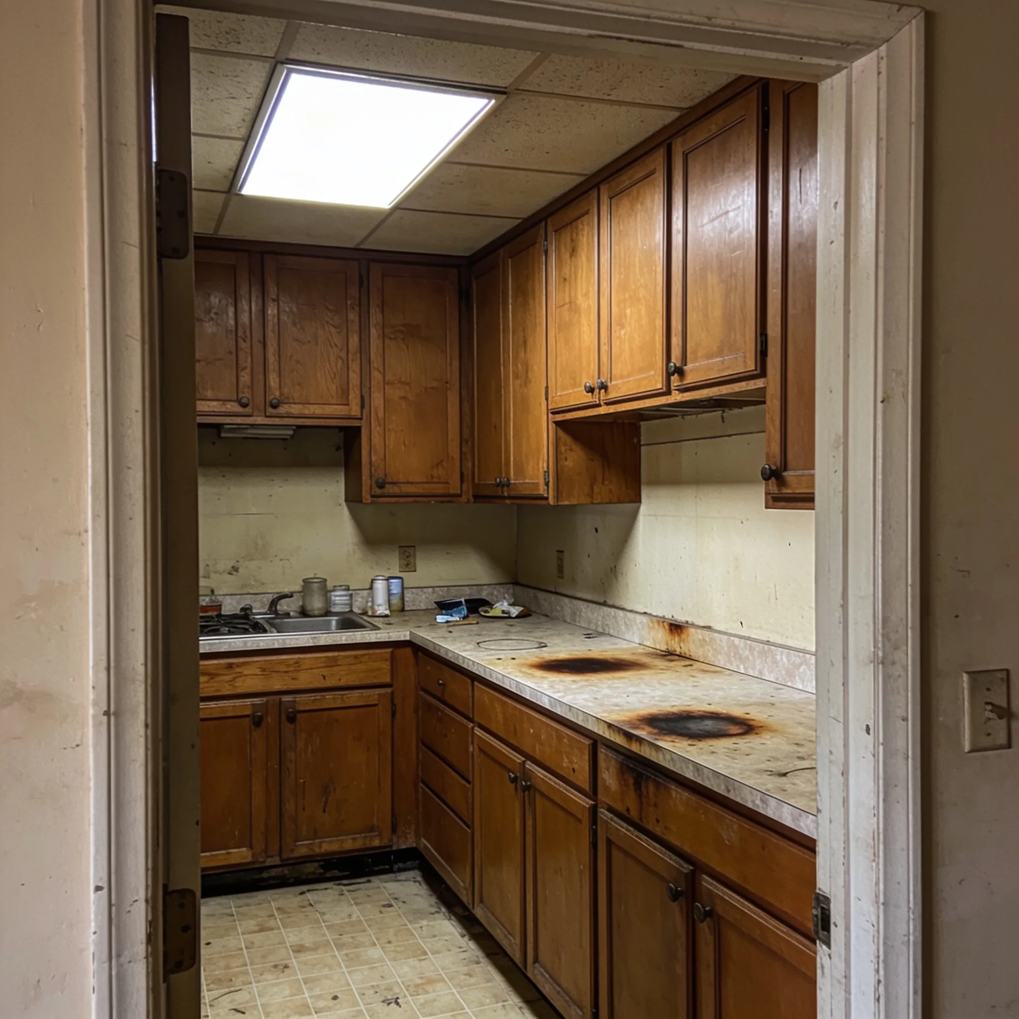 Before: A 1990s Lee's Summit kitchen — worn honey-oak cabinets, burned laminate counters, and a fluorescent box light dimming the whole room.