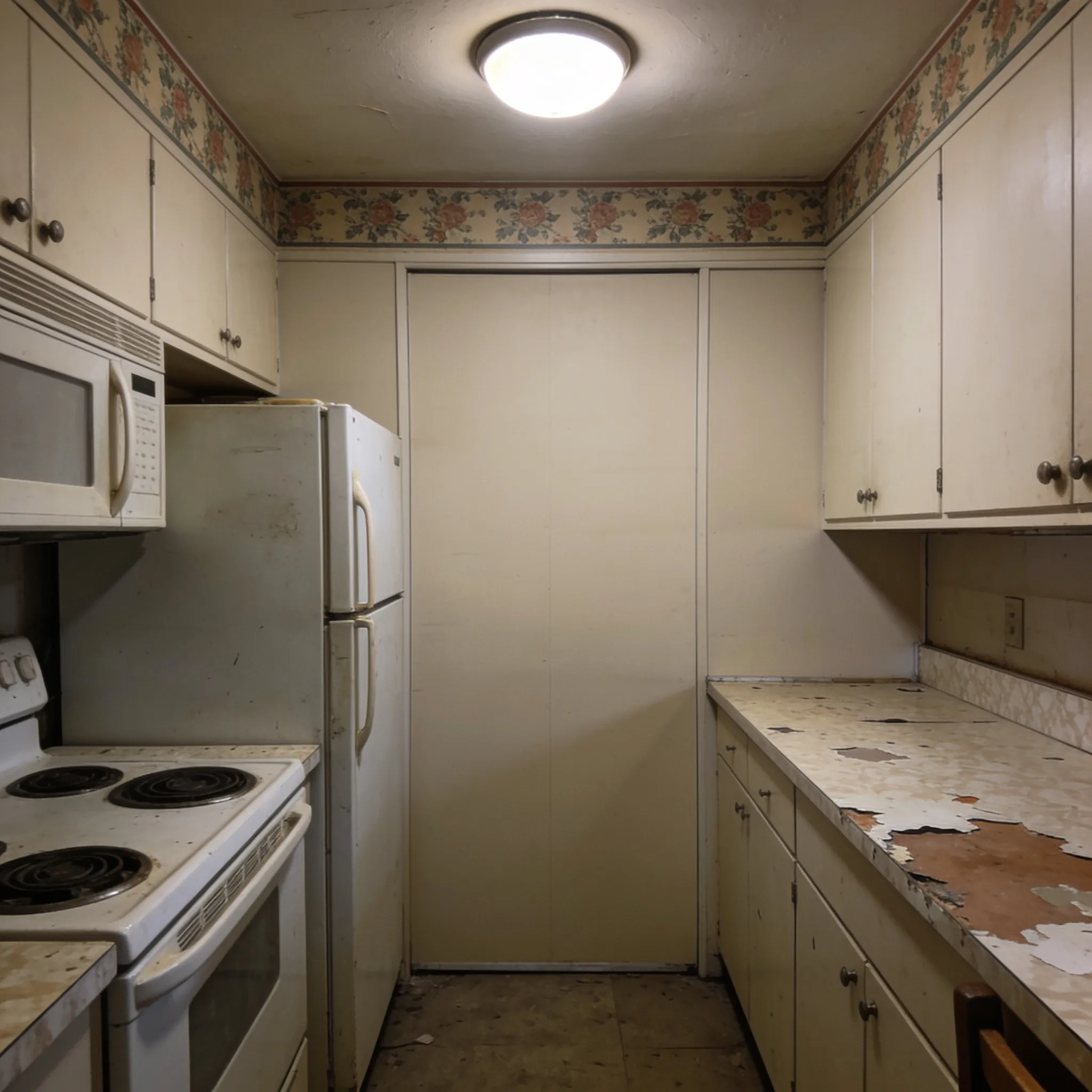 Before: A closed-off galley kitchen in Independence — a dividing wall, dated white appliances, and peeling laminate boxing the family in.